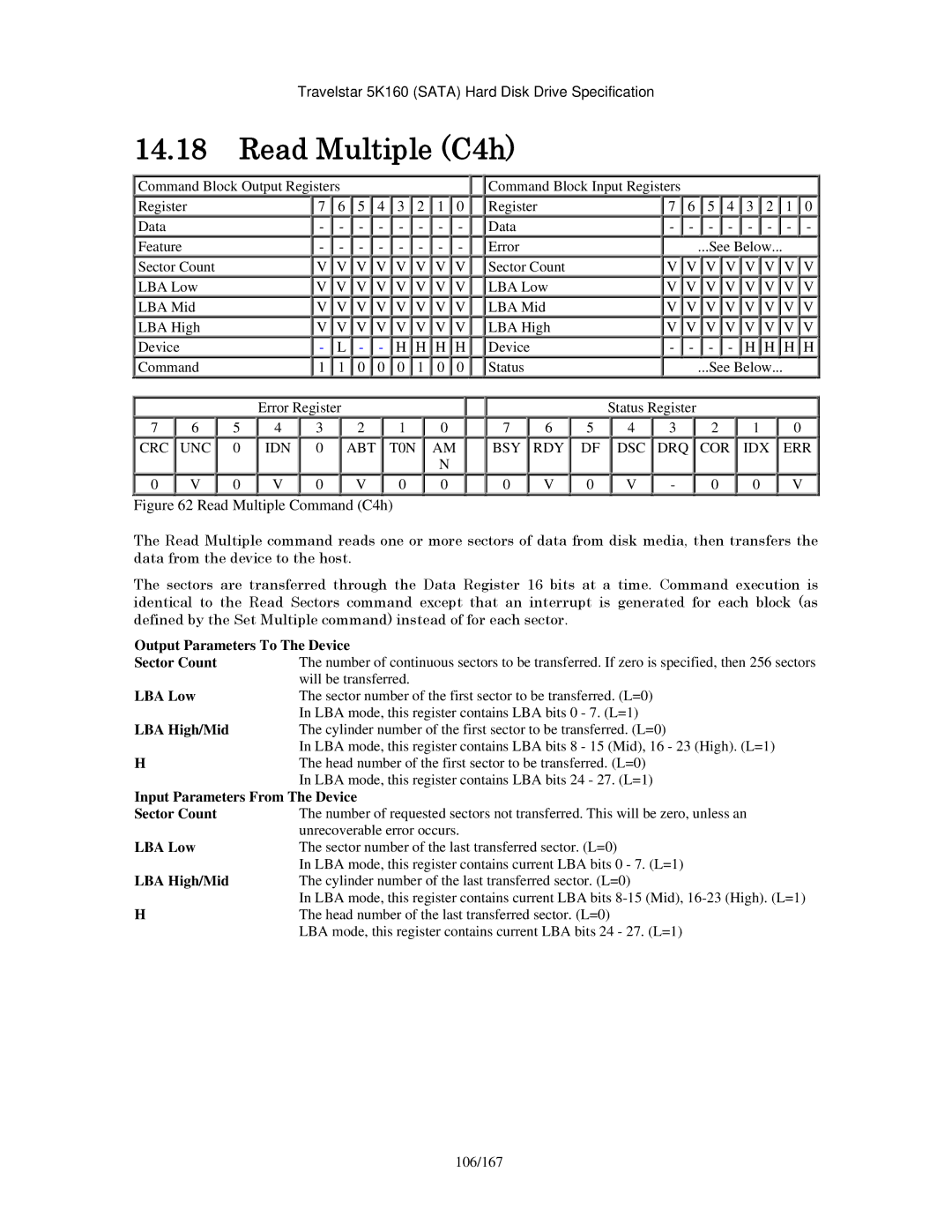 Hitachi HTS541680J9SA00, HTS541640J9SA00, HTS541616J9SA00, HTS541660J9SA00 manual Read Multiple C4h, Read Multiple Command C4h 