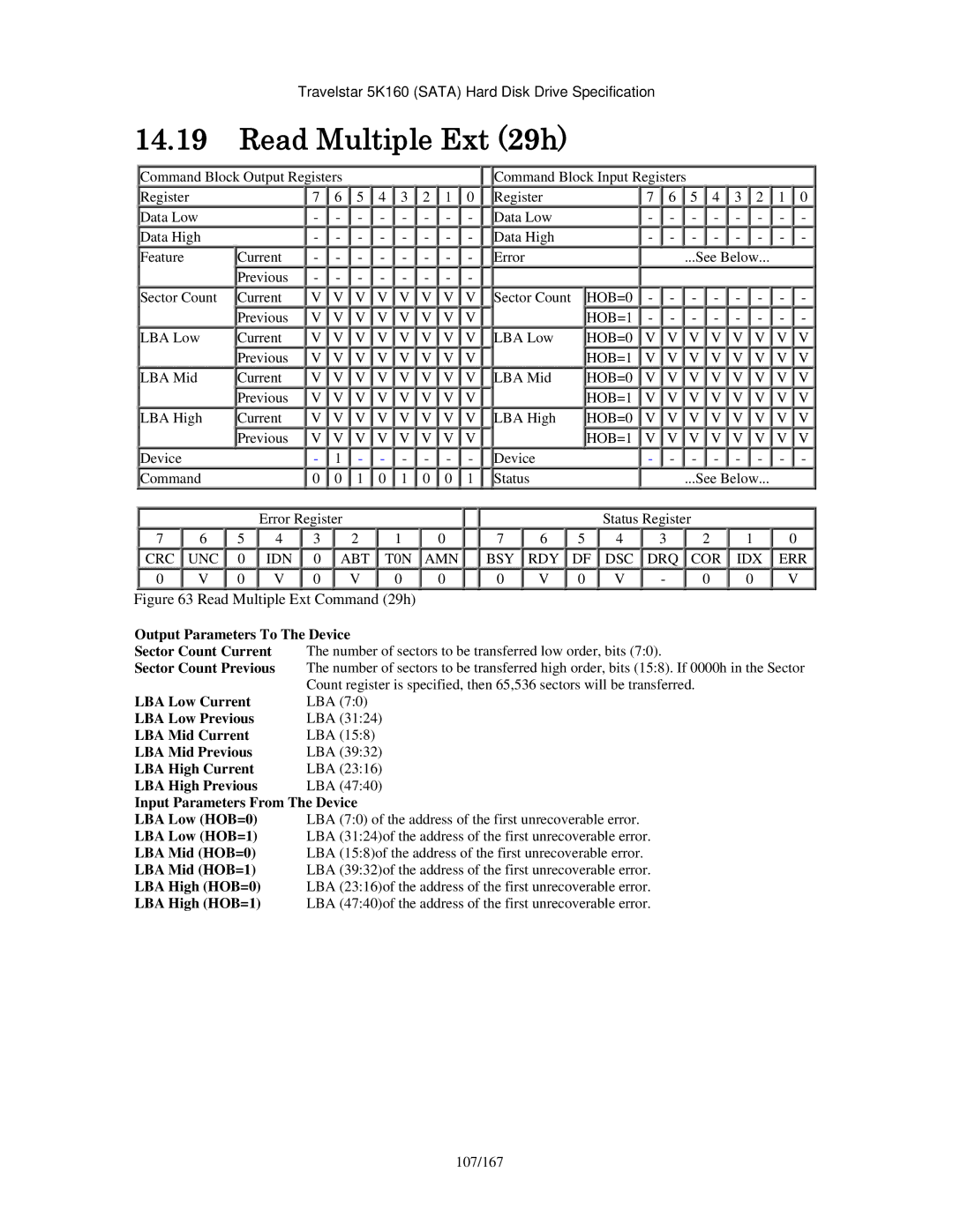 Hitachi HTS541616J9SA00 manual Read Multiple Ext 29h, Output Parameters To The Device Sector Count Current, LBA Low Current 