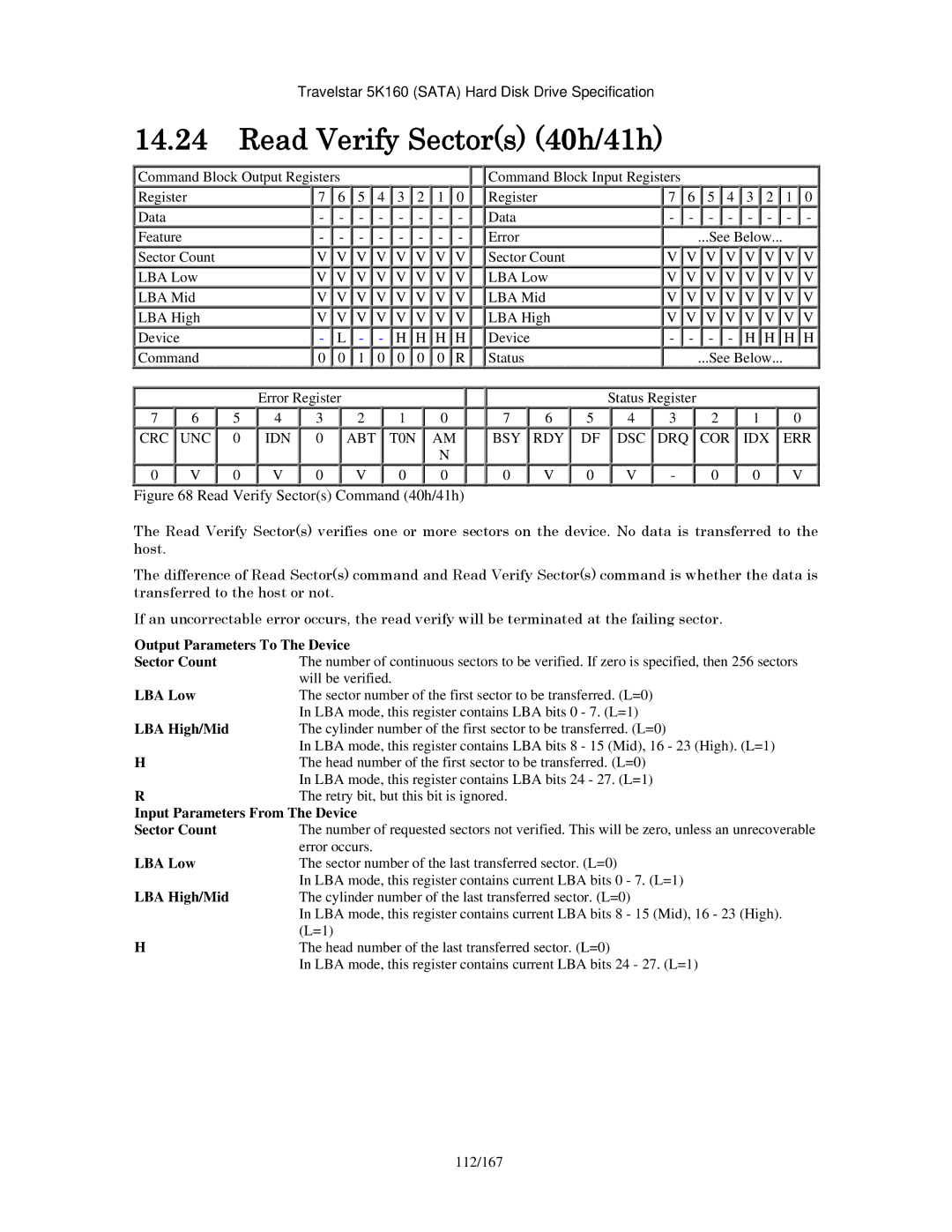 Hitachi HTS541616J9SA00, HTS541640J9SA00 manual Read Verify Sectors 40h/41h, Will be verified, Error occurs, 112/167 