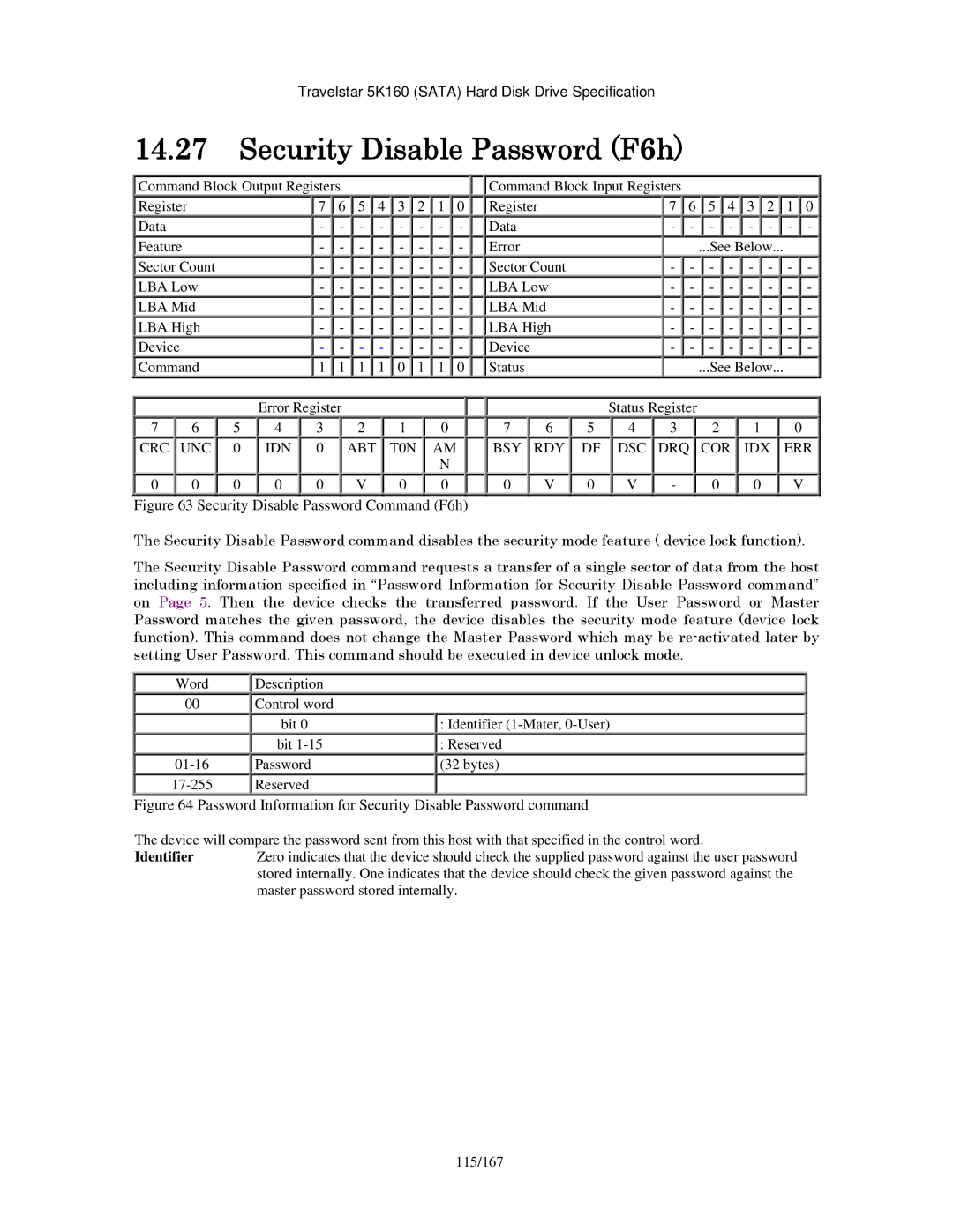 Hitachi HTS541640J9SA00, HTS541680J9SA00 manual Security Disable Password F6h, Security Disable Password Command F6h 