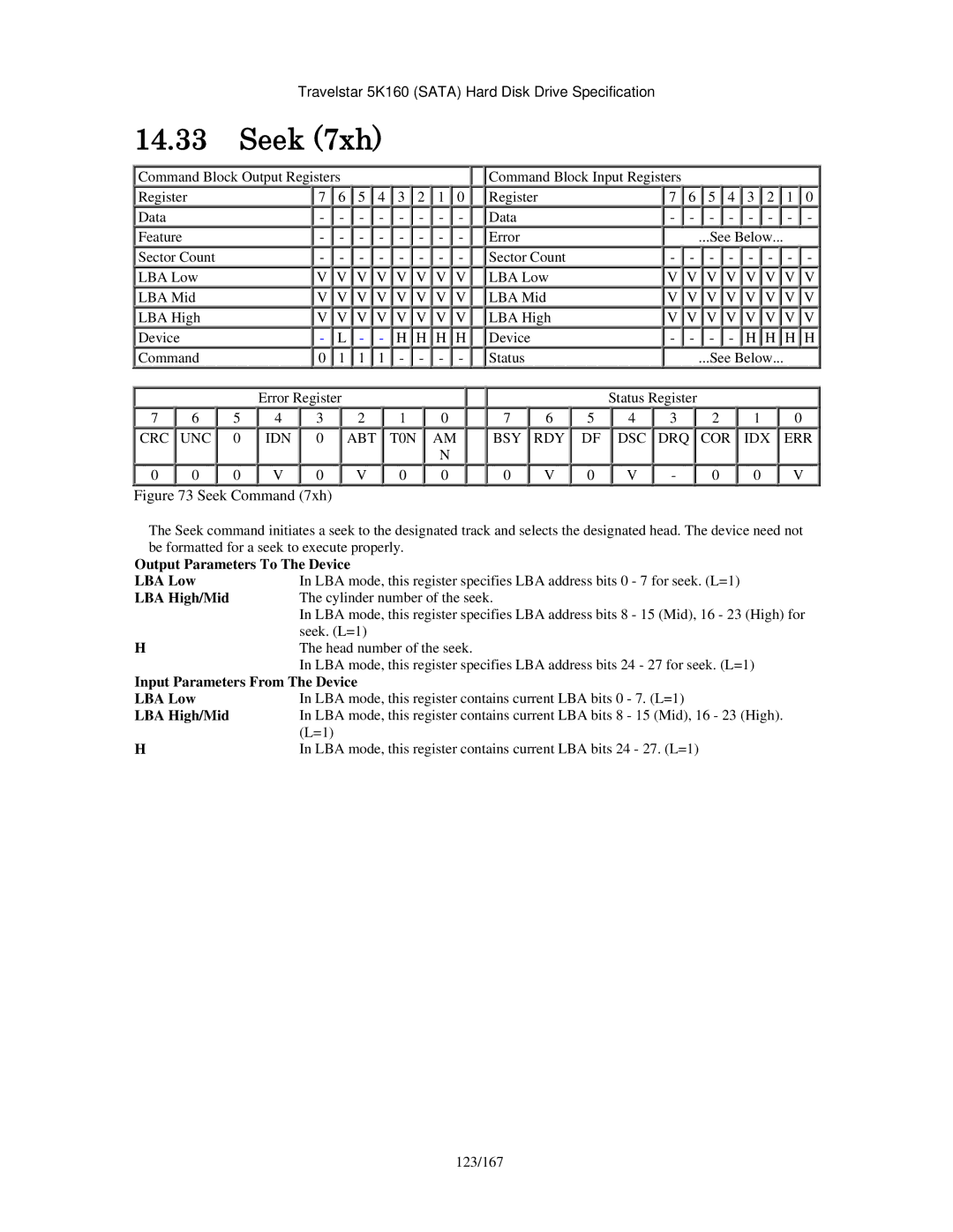 Hitachi HTS541660J9SA00 manual Seek 7xh, Cylinder number of the seek, Seek. L=1, Head number of the seek, 123/167 