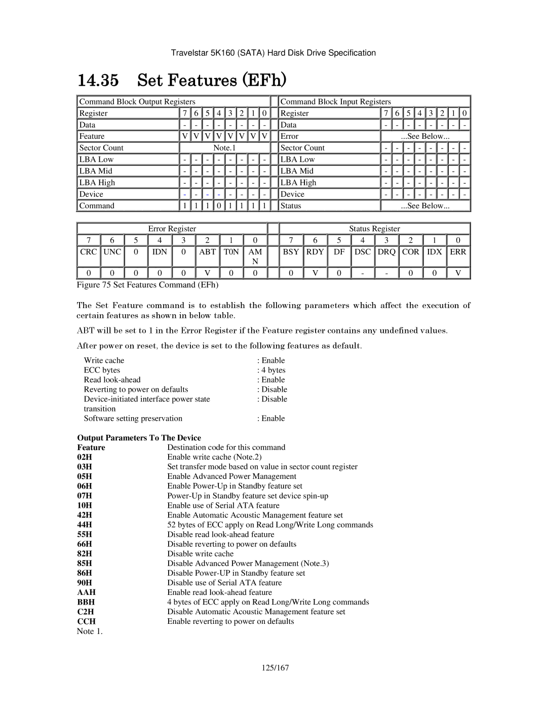 Hitachi HTS541640J9SA00, HTS541680J9SA00, HTS541616J9SA00, HTS541660J9SA00, HTS541612J9SA00 manual Set Features EFh 