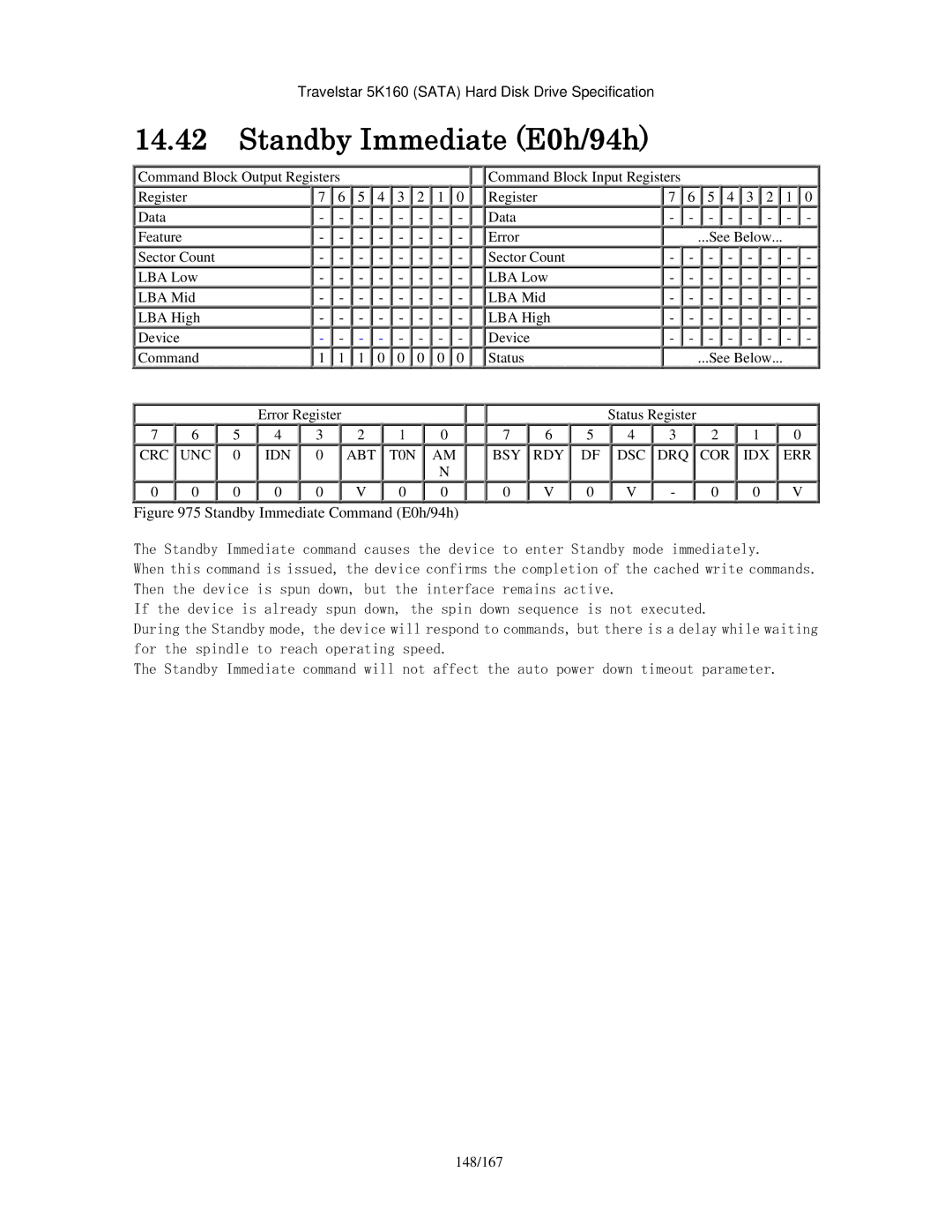 Hitachi HTS541660J9SA00, HTS541640J9SA00, HTS541680J9SA00, HTS541616J9SA00 manual Standby Immediate E0h/94h, 148/167 