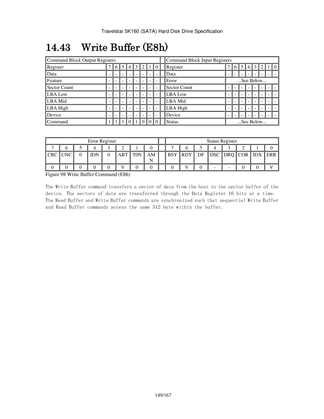 Hitachi HTS541612J9SA00, HTS541640J9SA00, HTS541680J9SA00, HTS541616J9SA00, HTS541660J9SA00 manual Write Buffer E8h, 149/167 