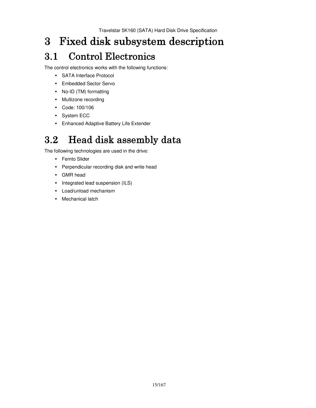 Hitachi HTS541640J9SA00 manual Fixed disk subsystem description, Control Electronics, Head disk assembly data, 15/167 