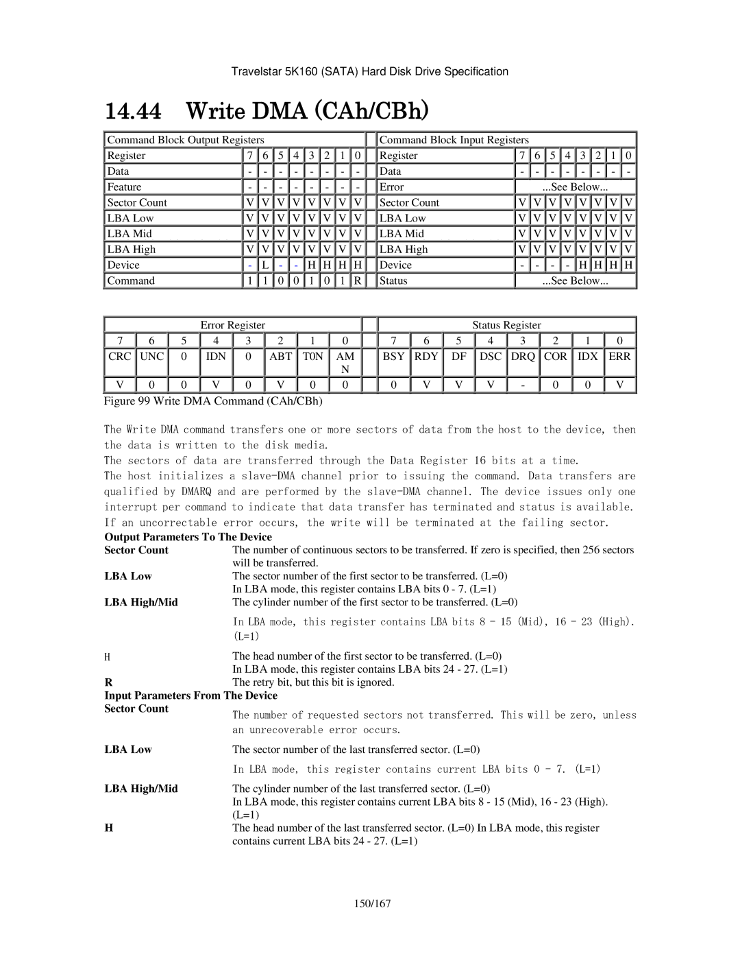 Hitachi HTS541640J9SA00, HTS541680J9SA00, HTS541616J9SA00 Write DMA CAh/CBh, Contains current LBA bits 24 27. L=1, 150/167 