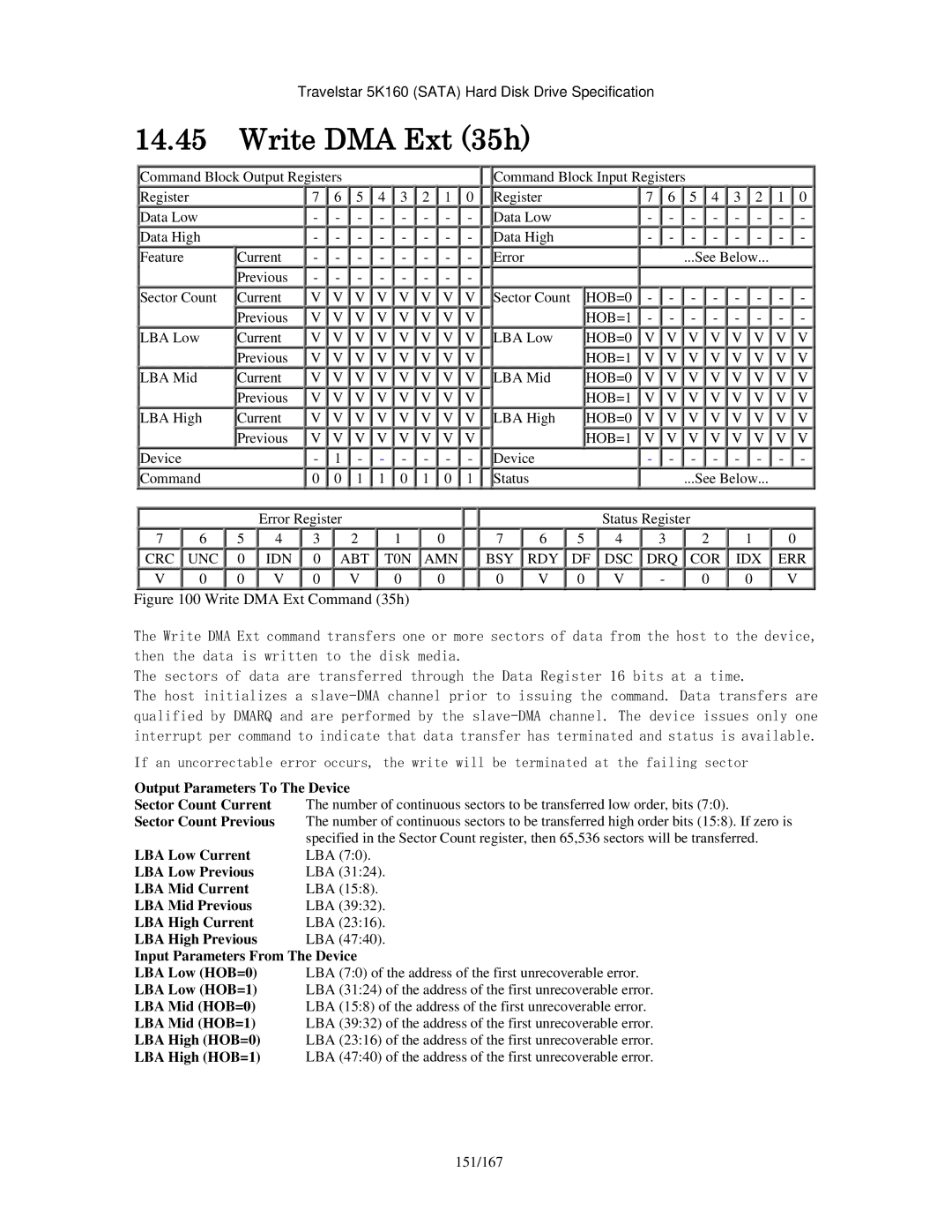 Hitachi HTS541680J9SA00, HTS541640J9SA00, HTS541616J9SA00, HTS541660J9SA00, HTS541612J9SA00 manual Write DMA Ext 35h, 151/167 