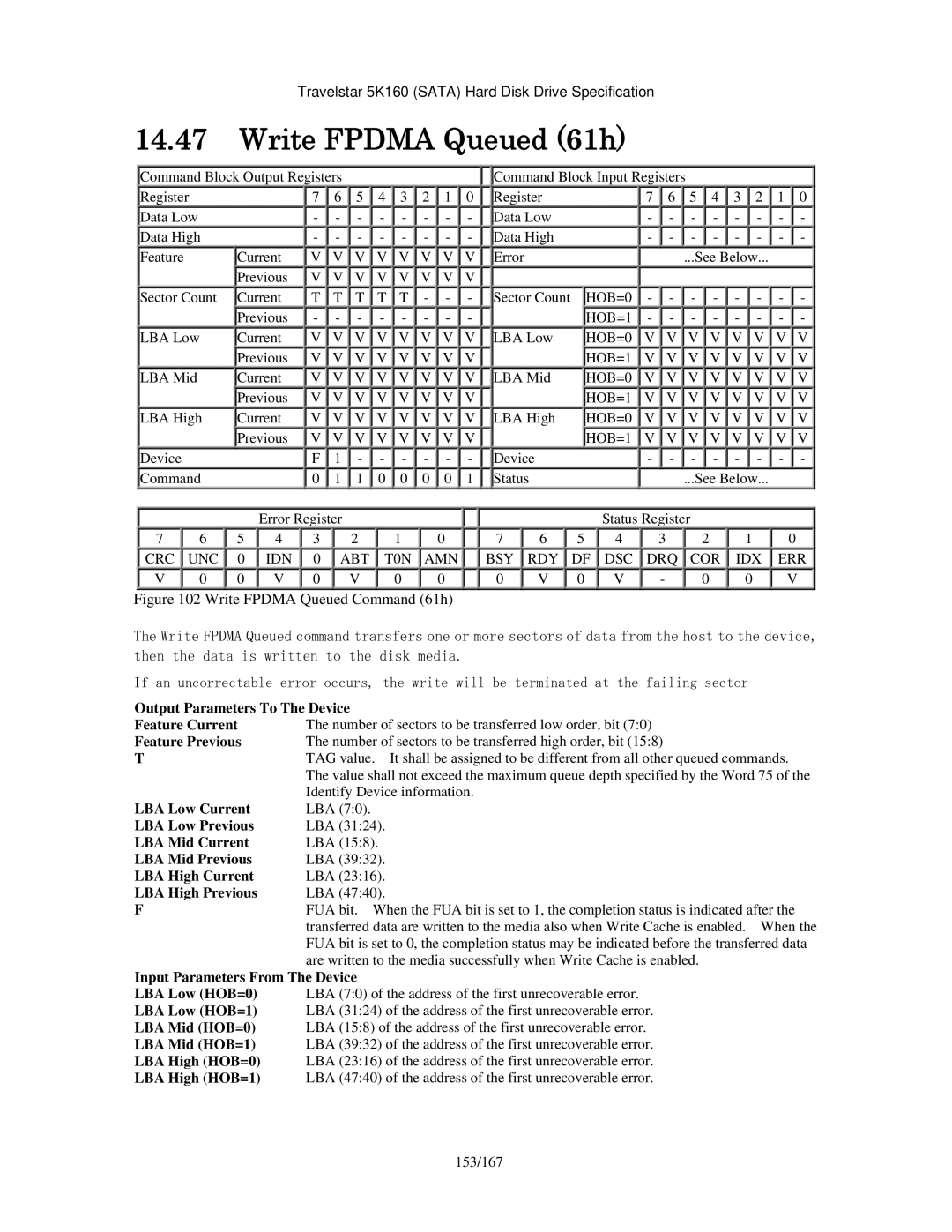 Hitachi HTS541660J9SA00, HTS541640J9SA00 manual Write Fpdma Queued 61h, Output Parameters To The Device Feature Current 