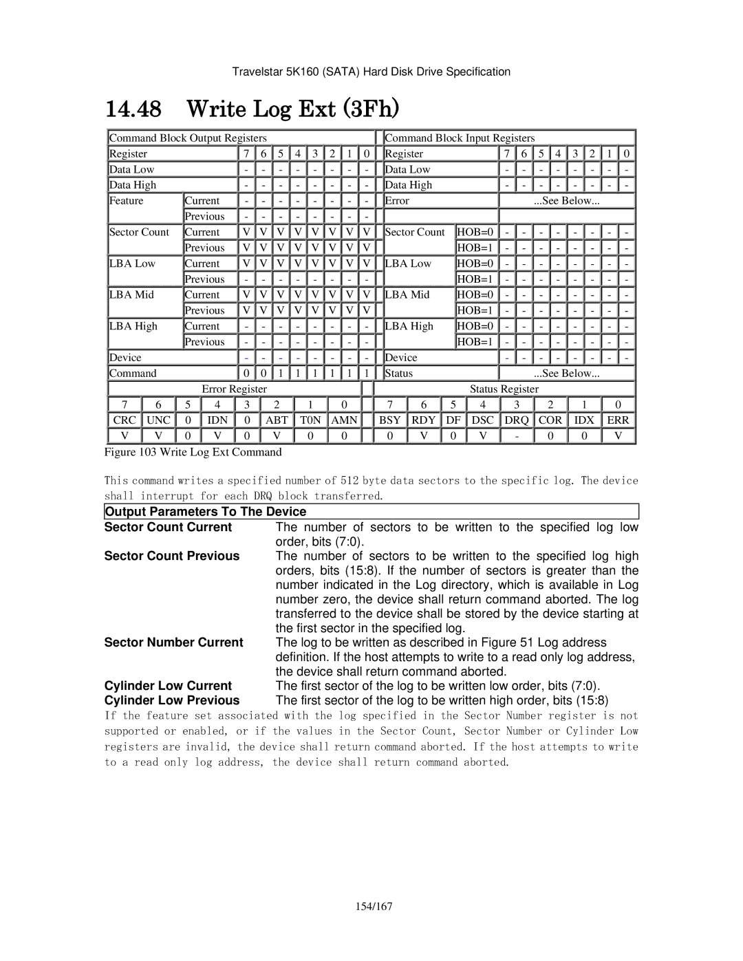 Hitachi HTS541612J9SA00, HTS541640J9SA00, HTS541680J9SA00, HTS541616J9SA00, HTS541660J9SA00 manual Write Log Ext 3Fh, 154/167 