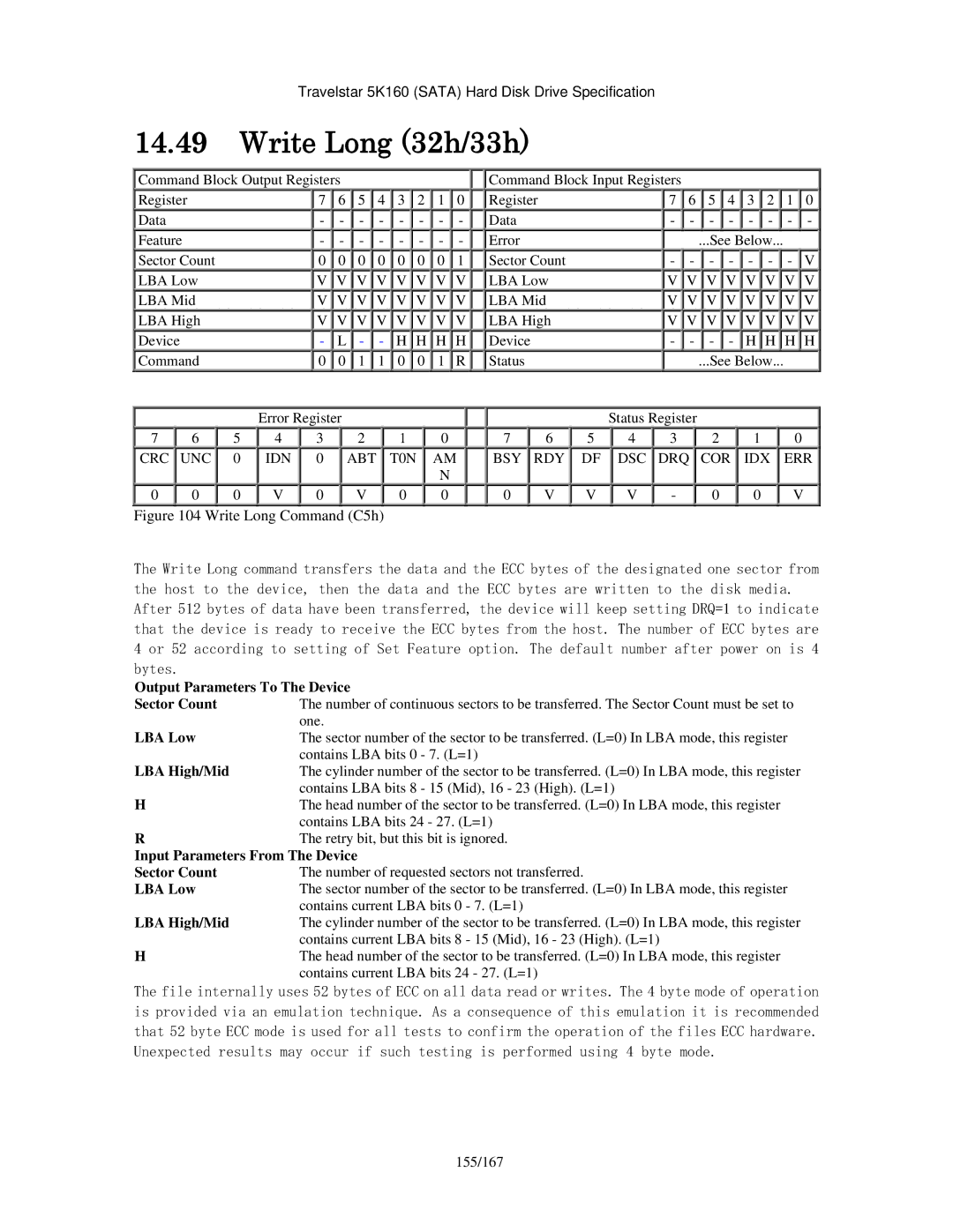 Hitachi HTS541640J9SA00, HTS541680J9SA00, HTS541616J9SA00, HTS541660J9SA00, HTS541612J9SA00 manual Write Long 32h/33h 