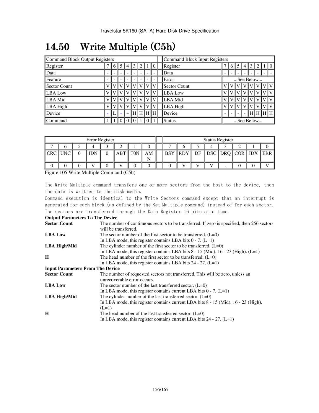 Hitachi HTS541680J9SA00, HTS541640J9SA00, HTS541616J9SA00, HTS541660J9SA00 Write Multiple C5h, Write Multiple Command C5h 