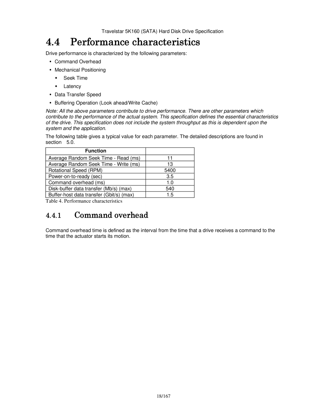 Hitachi HTS541660J9SA00, HTS541640J9SA00, HTS541680J9SA00 Performance characteristics, Command overhead, Function, 18/167 