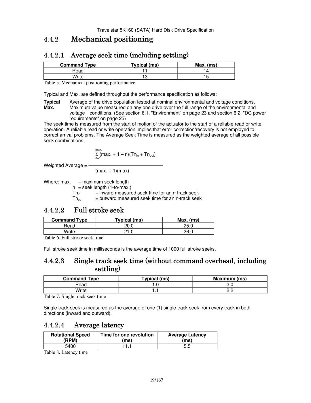 Hitachi HTS541612J9SA00 Mechanical positioning, Average seek time including settling, Full stroke seek, Average latency 