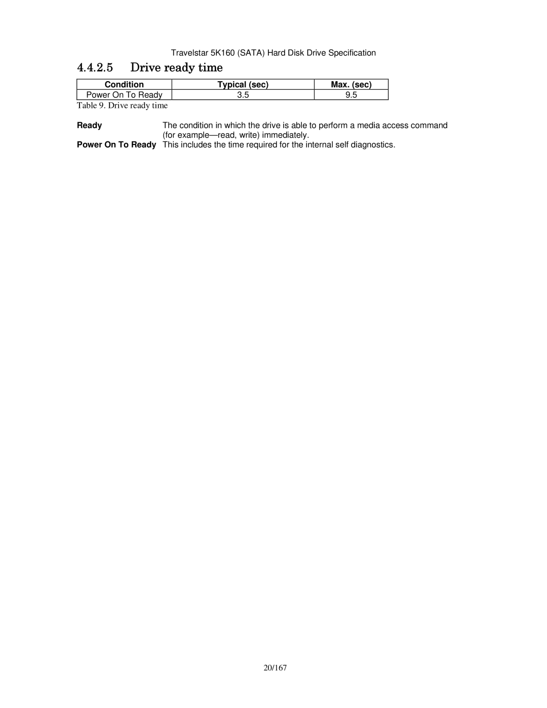 Hitachi HTS541640J9SA00, HTS541680J9SA00, HTS541616J9SA00 Drive ready time, Condition Typical sec, Max. sec Ready, 20/167 
