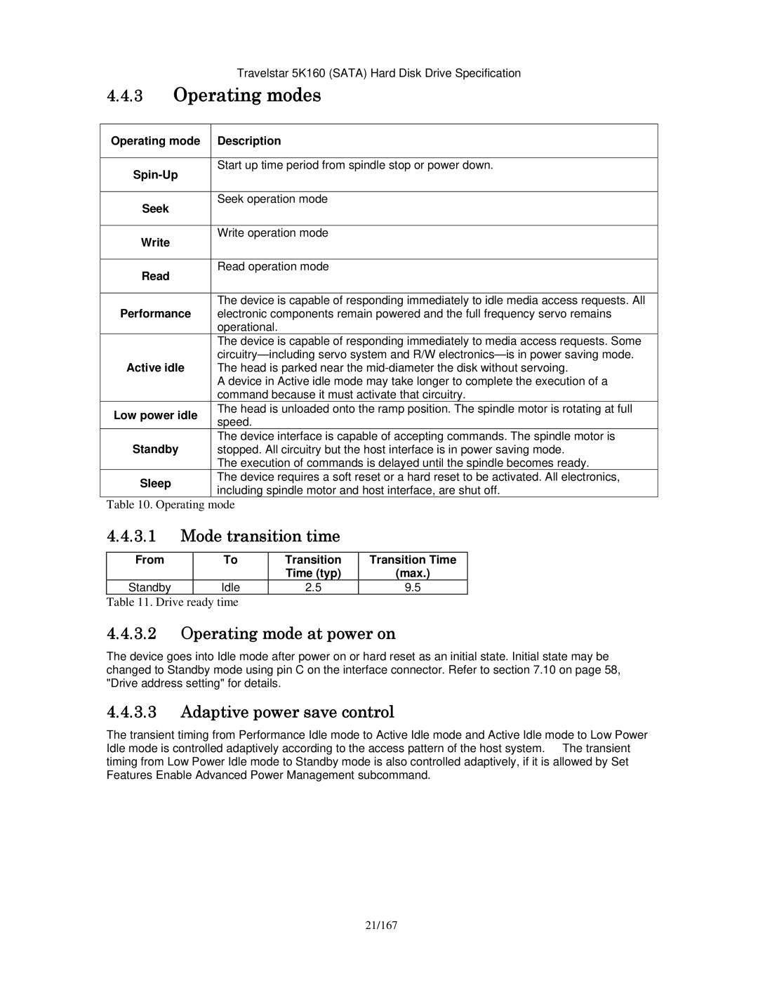Hitachi HTS541680J9SA00 Operating modes, Mode transition time, Operating mode at power on, Adaptive power save control 