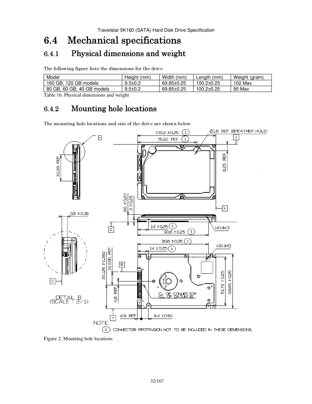 Hitachi HTS541616J9SA00 manual Mechanical specifications, Physical dimensions and weight, Mounting hole locations 