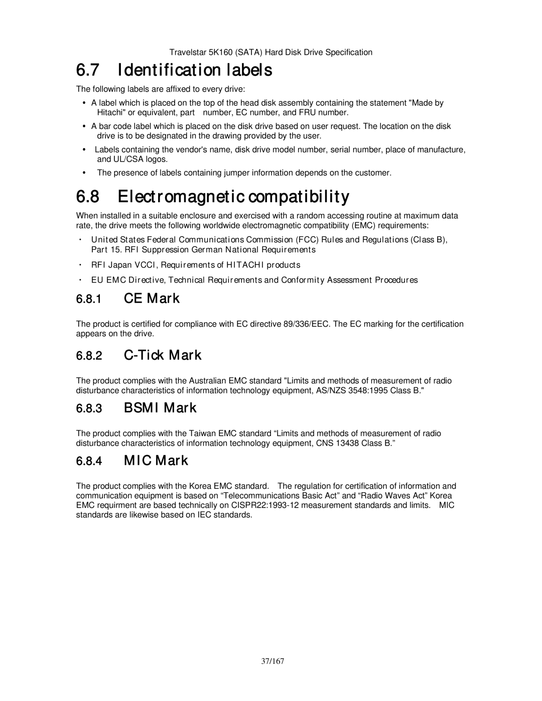 Hitachi HTS541616J9SA00, HTS541640J9SA00, HTS541680J9SA00 manual Identification labels, Electromagnetic compatibility 