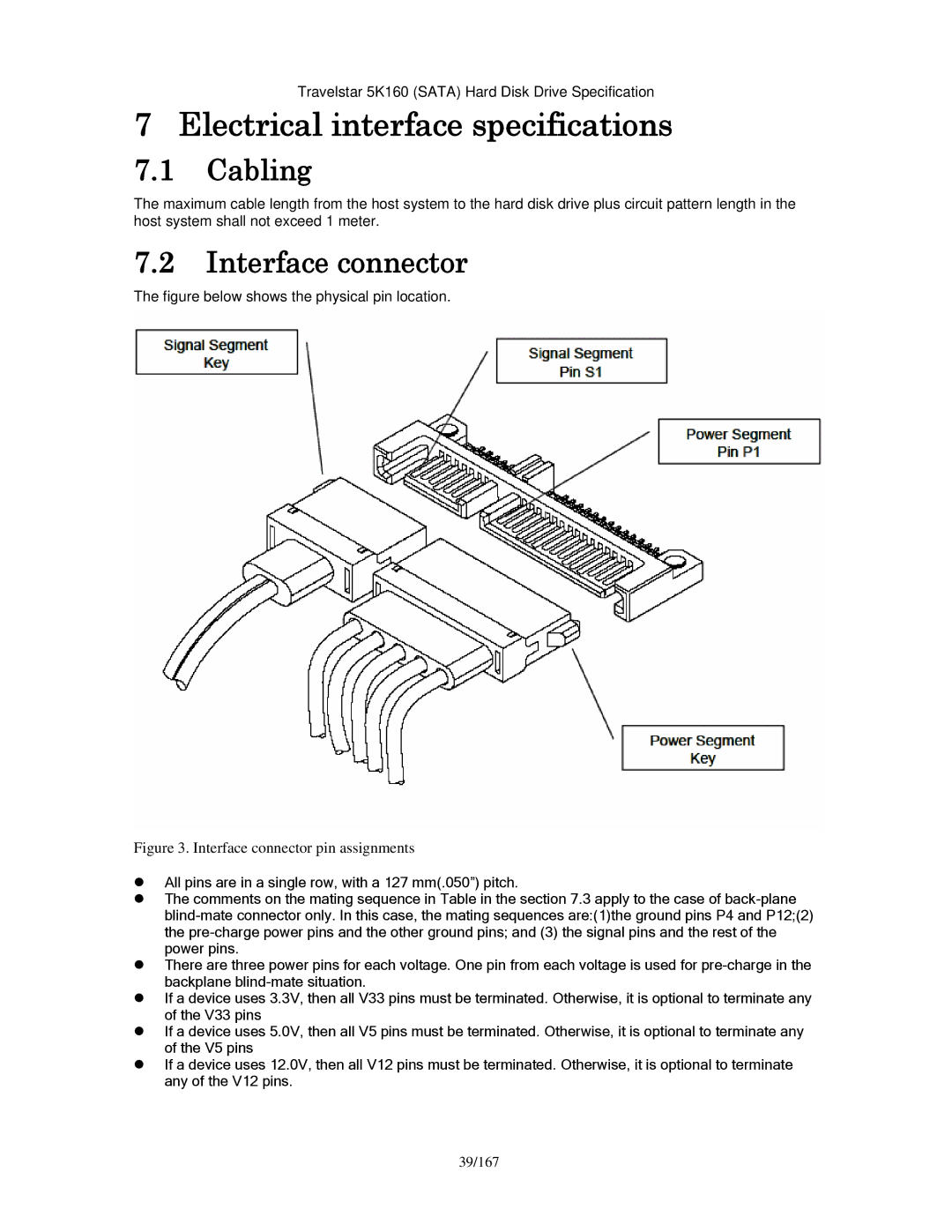 Hitachi HTS541612J9SA00, HTS541640J9SA00 manual Electrical interface specifications, Cabling, Interface connector, 39/167 