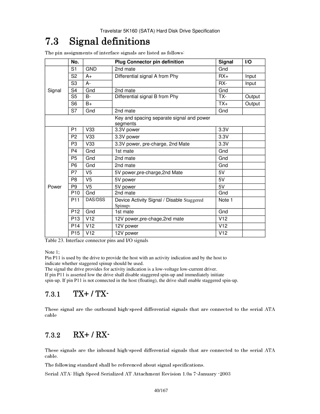 Hitachi HTS541640J9SA00, HTS541680J9SA00 Signal definitions, 1 TX+ / TX, 2 RX+ / RX, Plug Connector pin definition Signal 