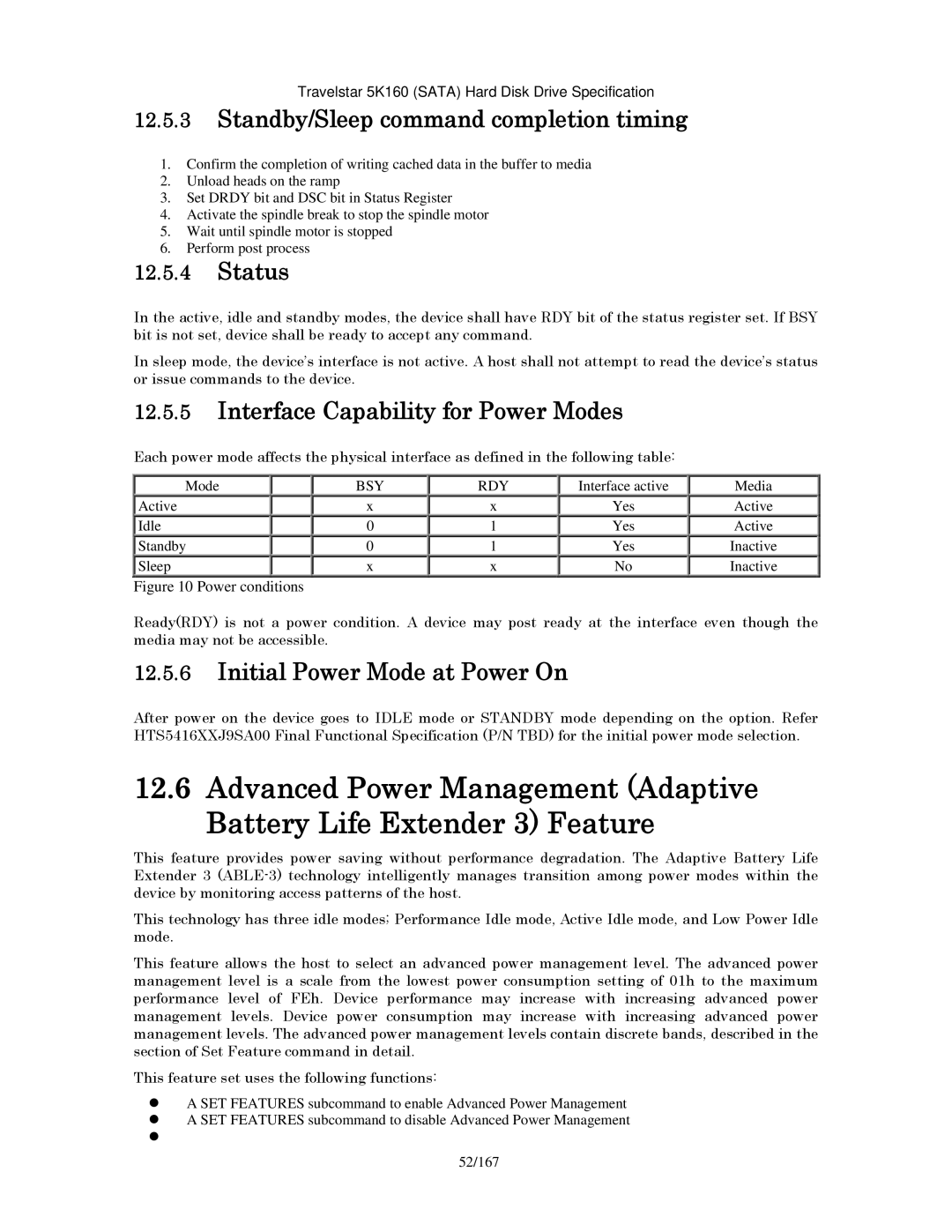 Hitachi HTS541616J9SA00 manual Standby/Sleep command completion timing, Status, Interface Capability for Power Modes 