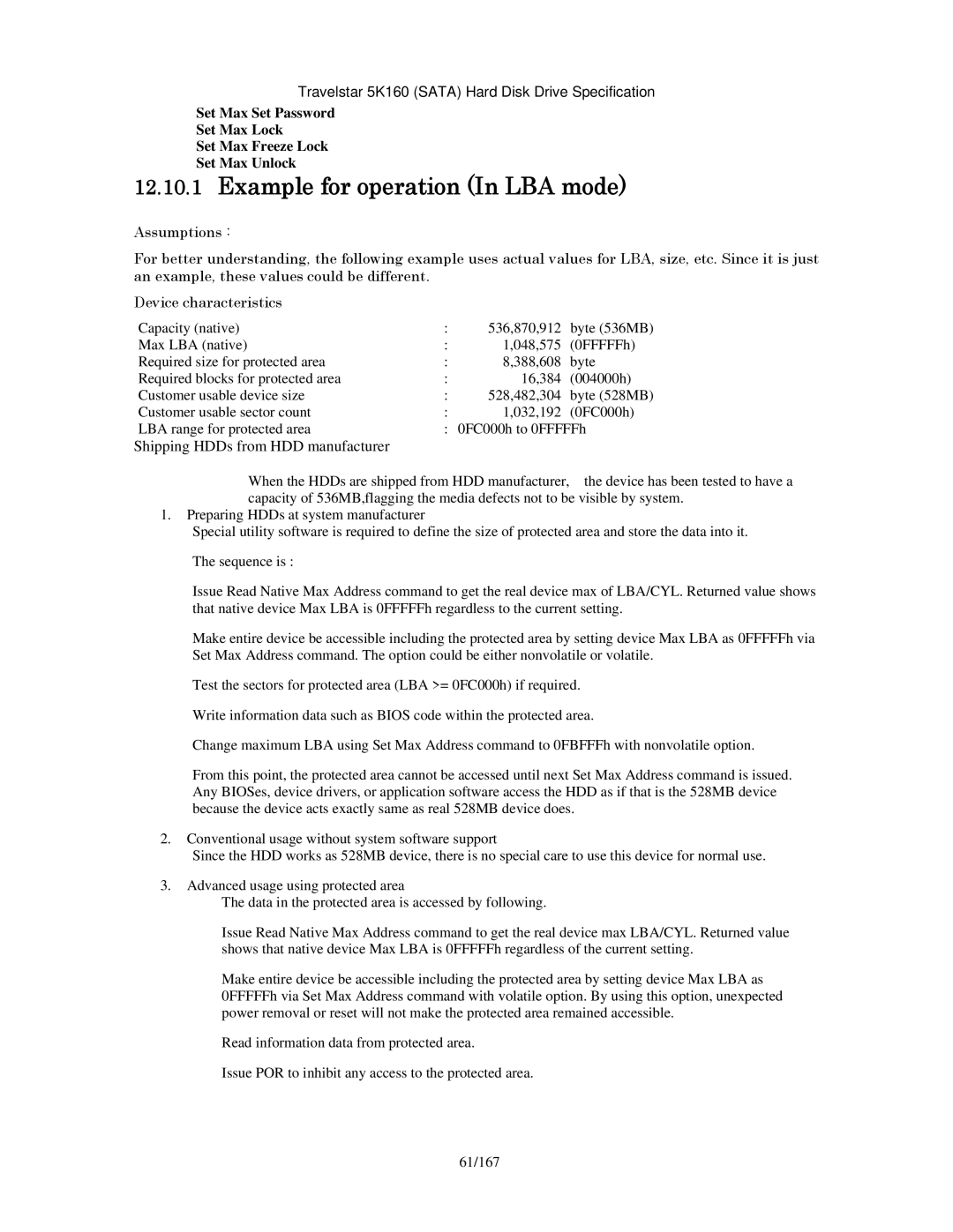 Hitachi HTS541680J9SA00, HTS541640J9SA00, HTS541616J9SA00 Example for operation In LBA mode, Capacity native 536,870,912 