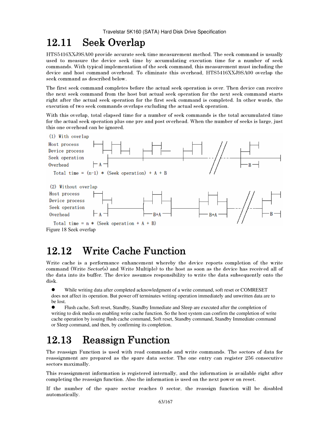 Hitachi HTS541660J9SA00, HTS541640J9SA00, HTS541680J9SA00 Seek Overlap, Write Cache Function, Reassign Function, 63/167 