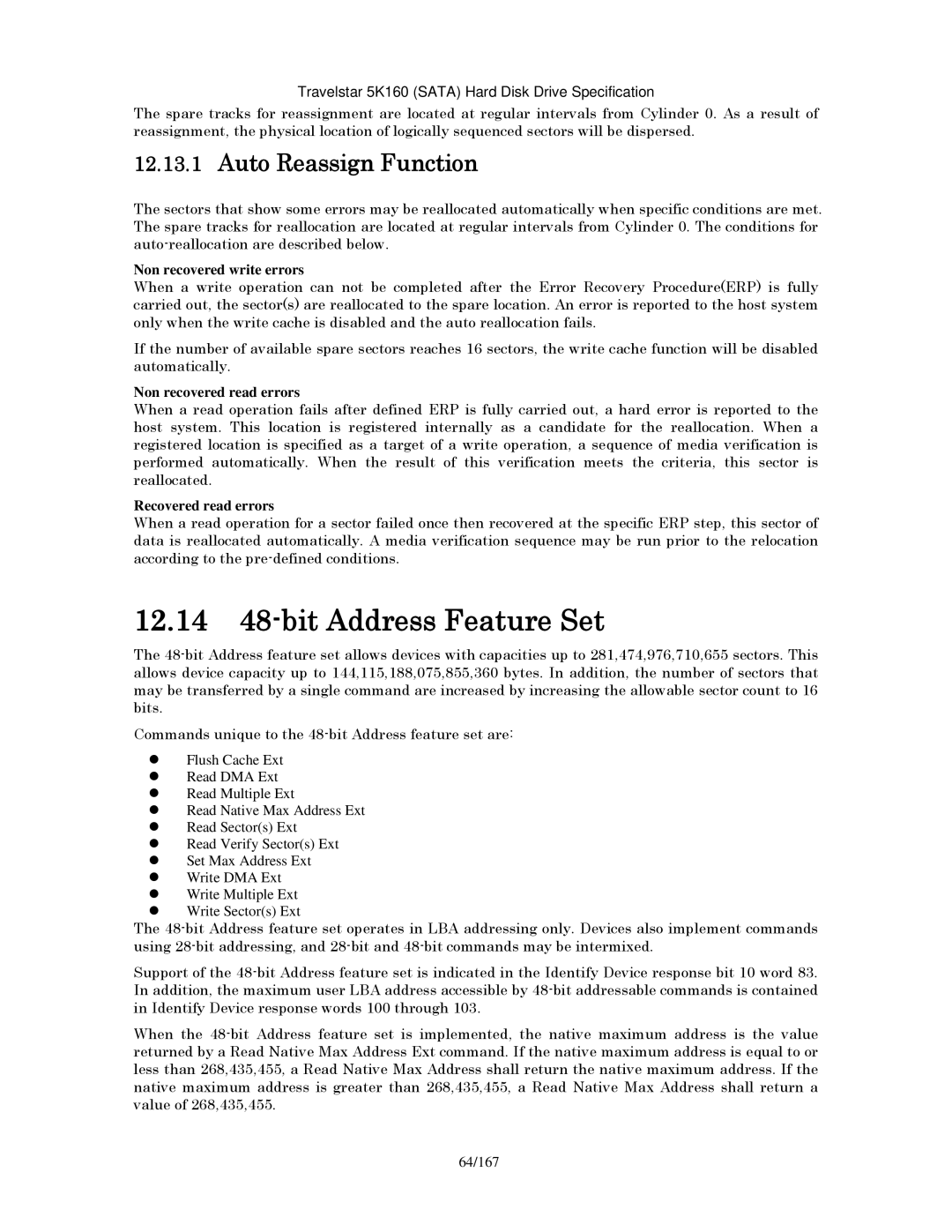 Hitachi HTS541612J9SA00 manual 12.14 48-bit Address Feature Set, Auto Reassign Function, Non recovered write errors 