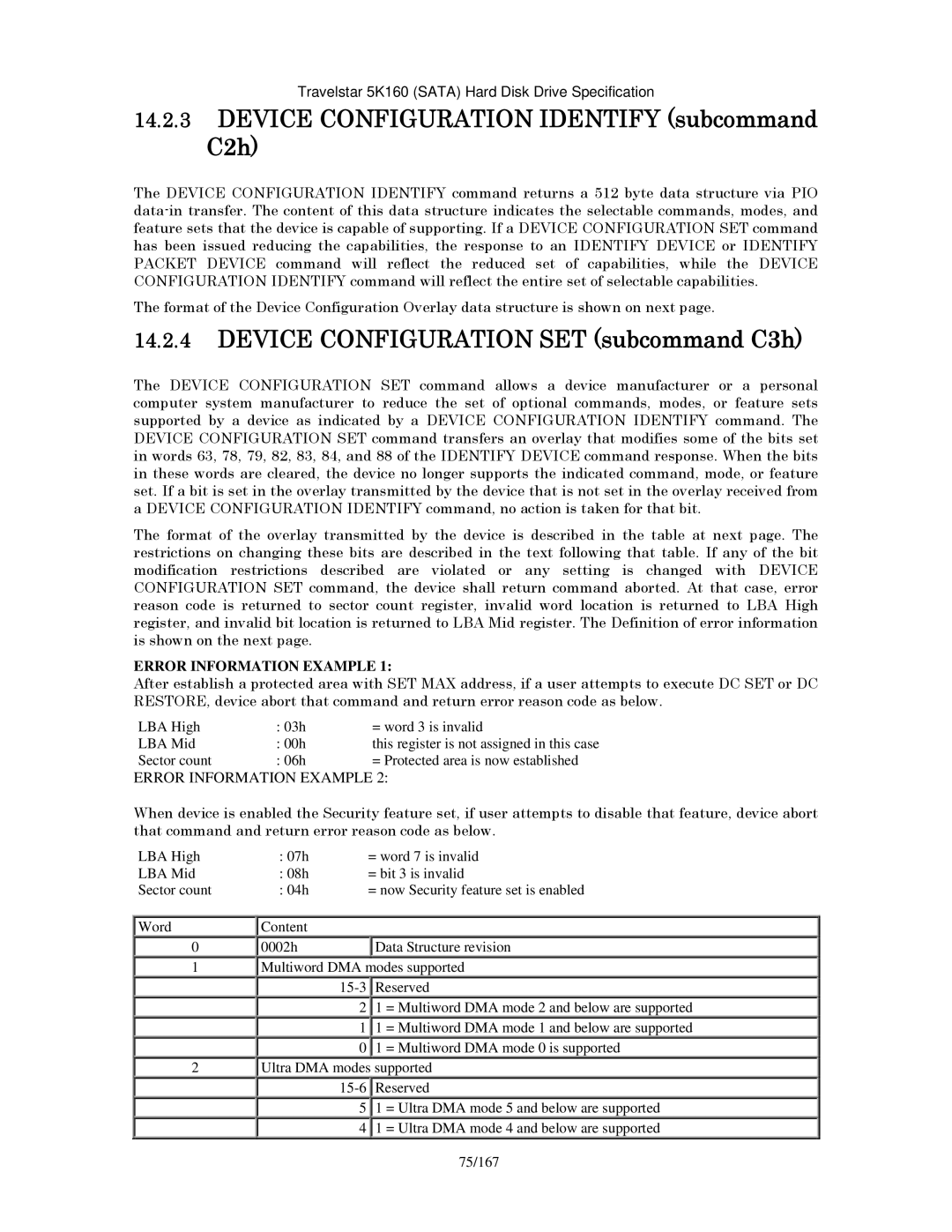 Hitachi HTS541640J9SA00 manual Device Configuration Identify subcommand C2h, Device Configuration SET subcommand C3h 