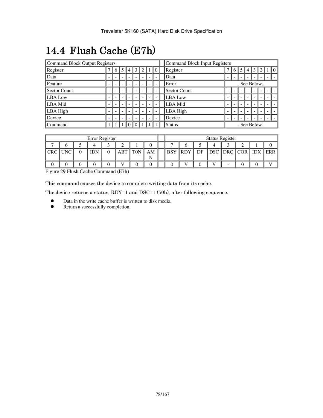 Hitachi HTS541660J9SA00, HTS541640J9SA00, HTS541680J9SA00, HTS541616J9SA00 Flush Cache E7h, Command Block Output Registers 