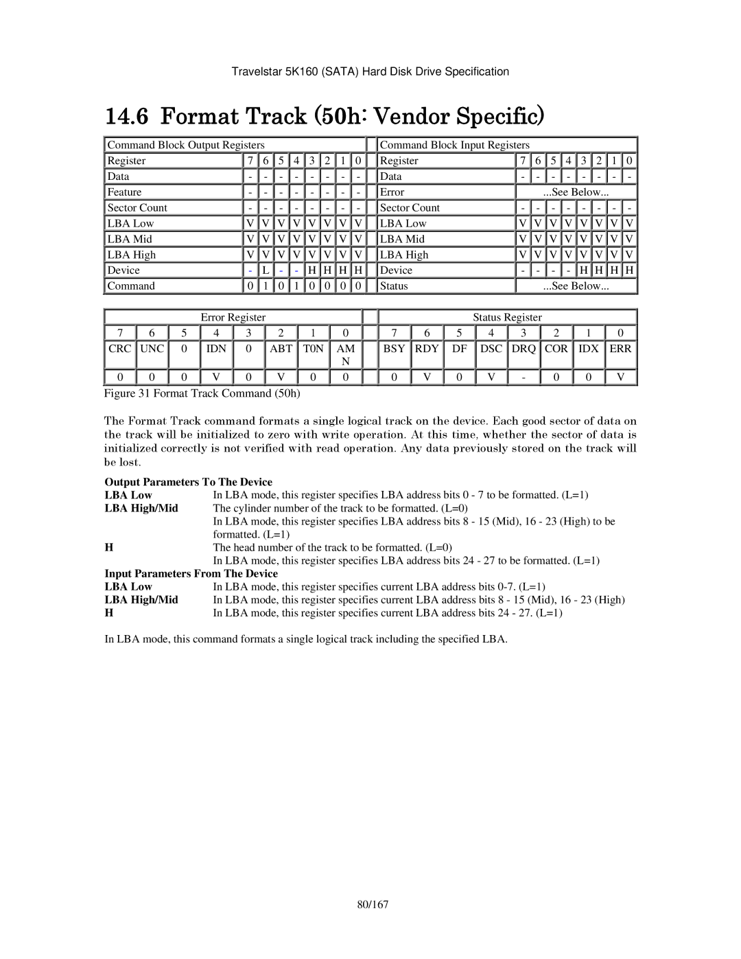 Hitachi HTS541640J9SA00 manual Format Track 50h Vendor Specific, Output Parameters To The Device LBA Low, LBA High/Mid 