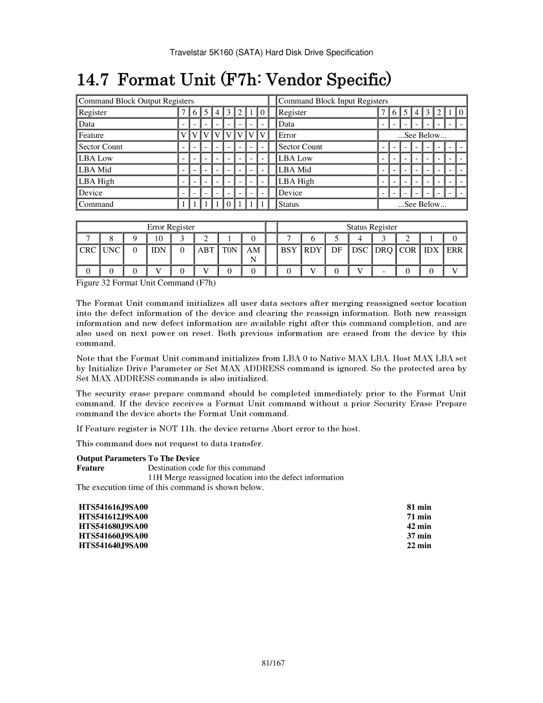 Hitachi HTS541680J9SA00, HTS541640J9SA00, HTS541616J9SA00, HTS541660J9SA00 manual Format Unit F7h Vendor Specific, 81/167 