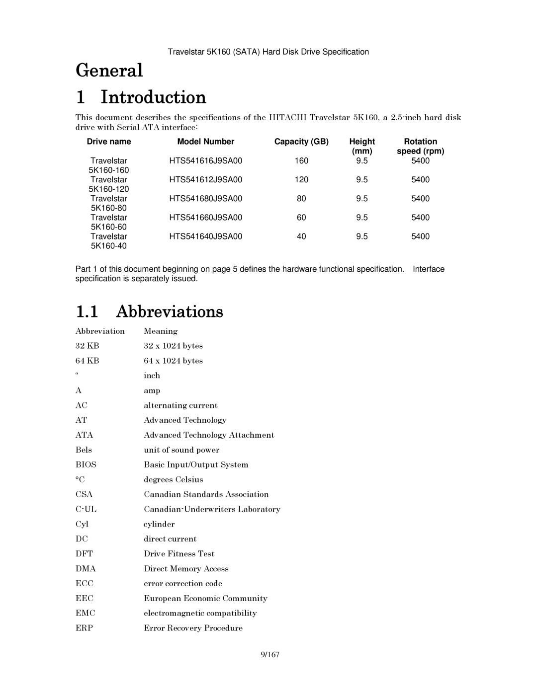 Hitachi HTS541612J9SA00, HTS541640J9SA00, HTS541680J9SA00, HTS541616J9SA00 General Introduction, Abbreviations, Capacity GB 