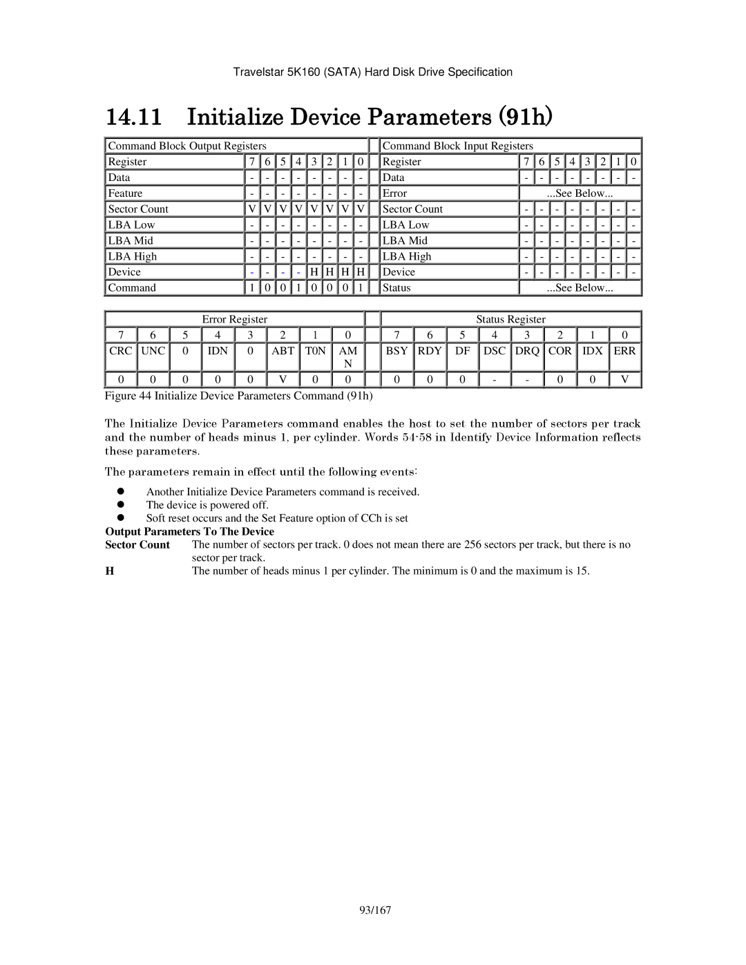 Hitachi HTS541660J9SA00, HTS541640J9SA00 manual Initialize Device Parameters 91h, Initialize Device Parameters Command 91h 