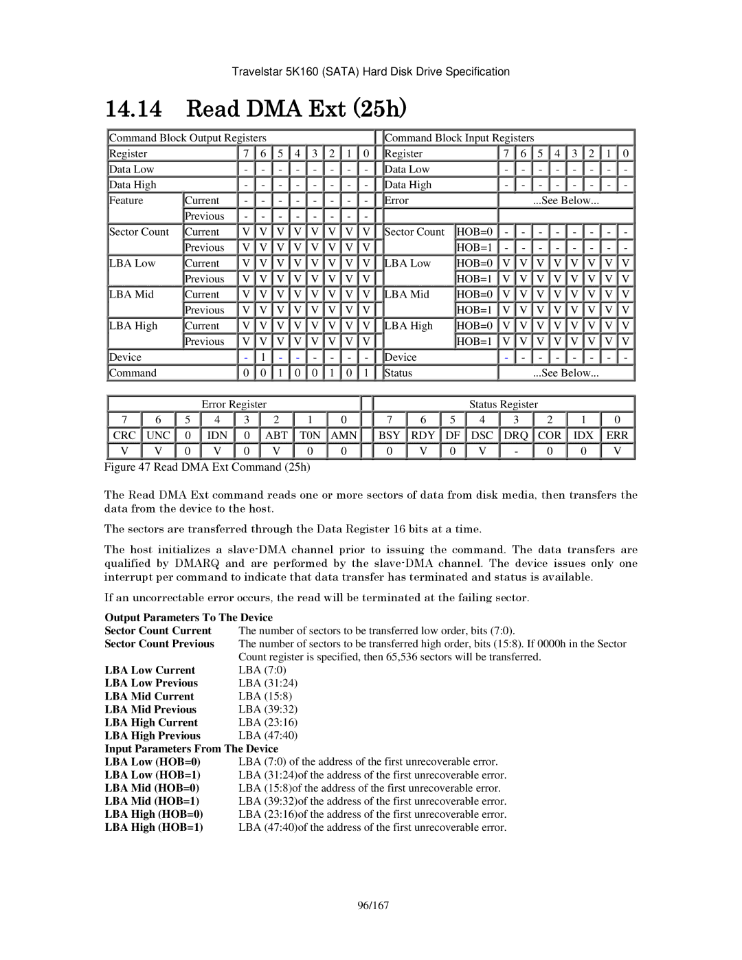 Hitachi HTS541680J9SA00, HTS541640J9SA00, HTS541616J9SA00, HTS541660J9SA00, HTS541612J9SA00 manual Read DMA Ext 25h, 96/167 