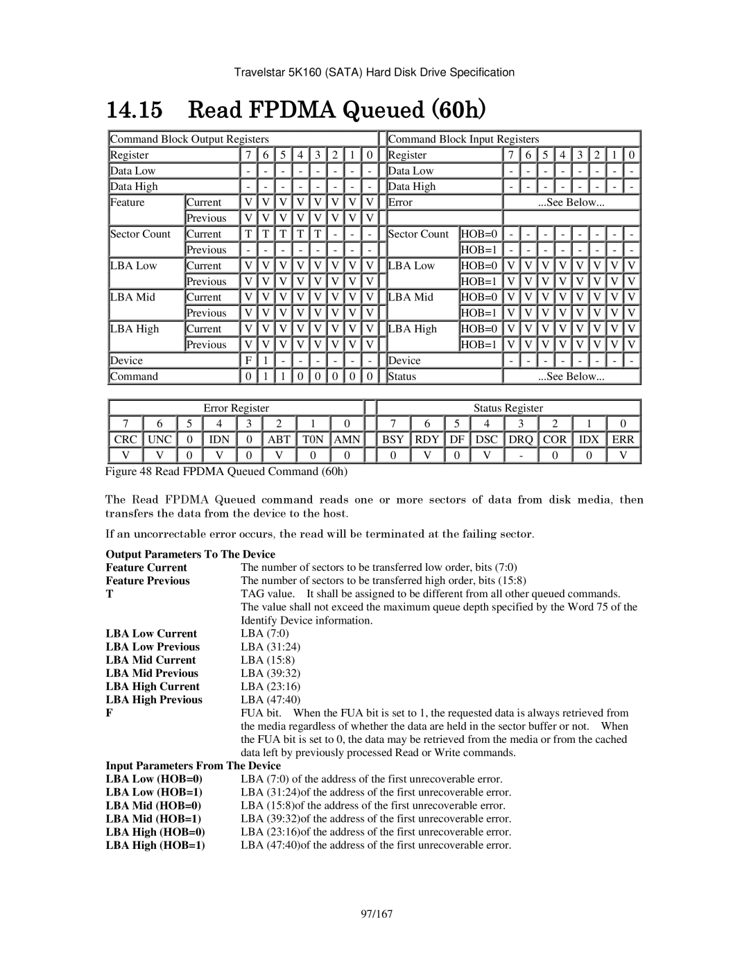 Hitachi HTS541616J9SA00 manual Read Fpdma Queued 60h, Data left by previously processed Read or Write commands, 97/167 