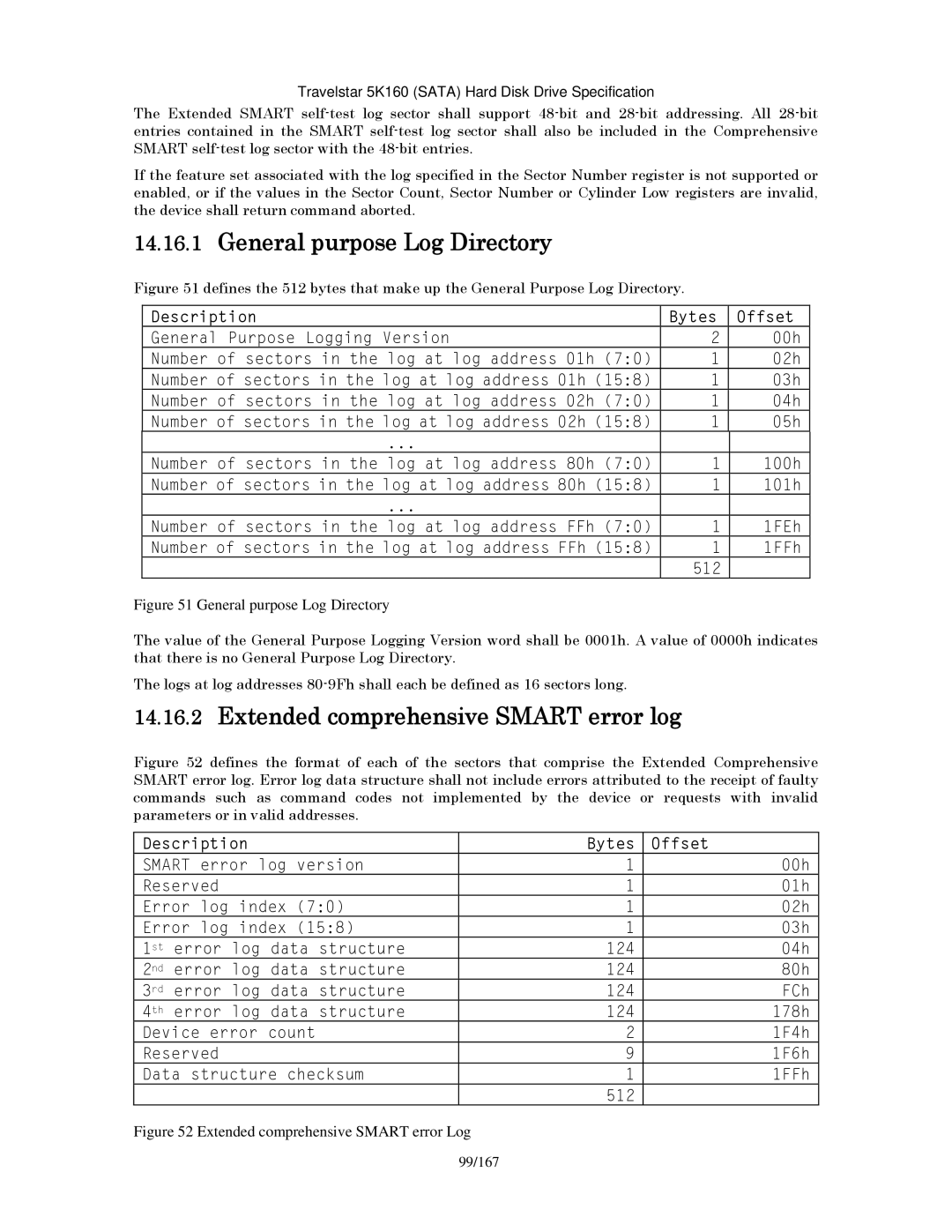 Hitachi HTS541612J9SA00, HTS541640J9SA00 manual General purpose Log Directory, Extended comprehensive Smart error log 