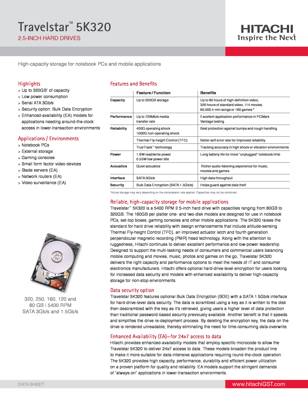 Hitachi HTS542580K9SA00 manual Inchhard Drives, Highlights, Applications / Environments, Features and Beneﬁts, Data Sheet 