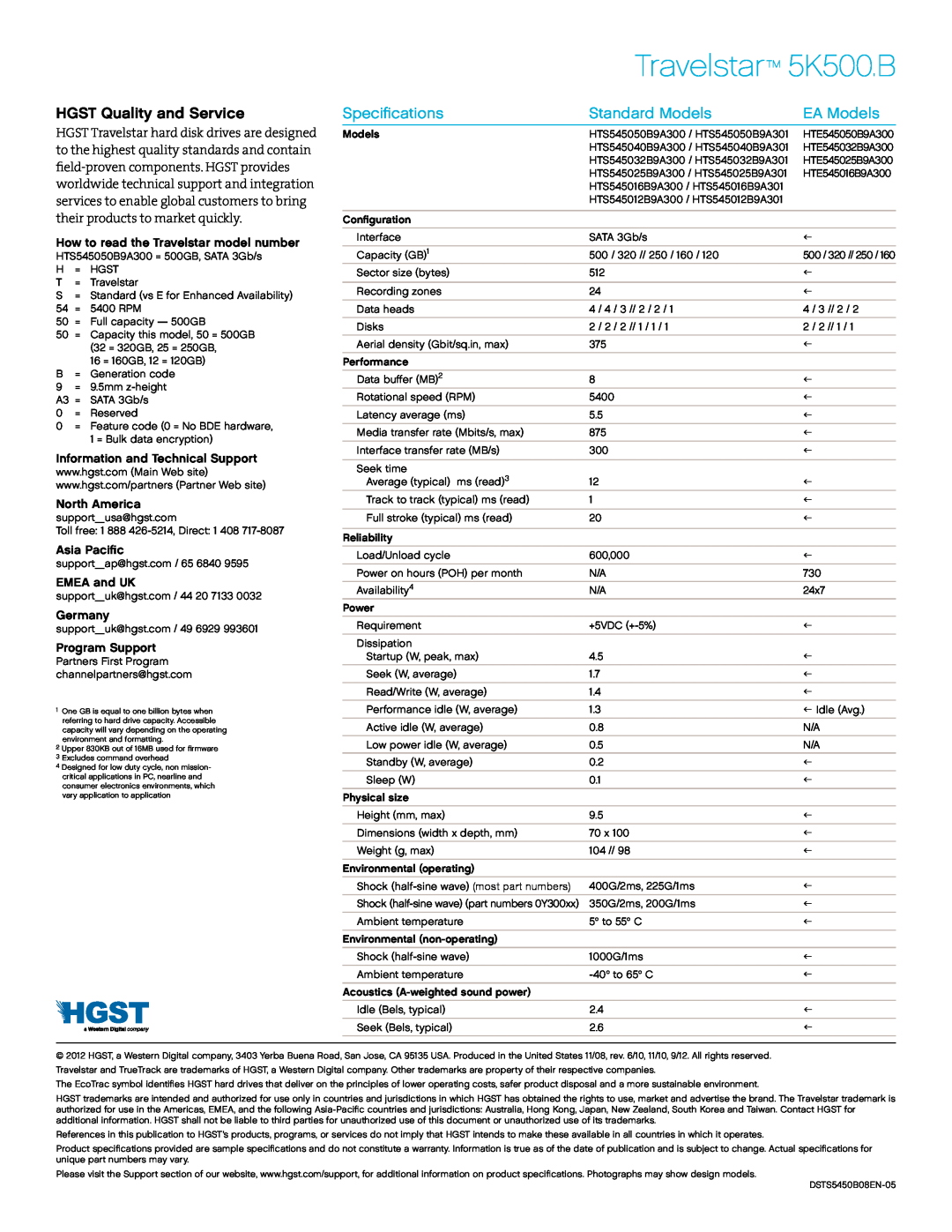 Hitachi 5K500B, HTS543225L9SA00 HGST Quality and Service, Specifications, Standard Models, EA Models, Travelstar 5K500.B 