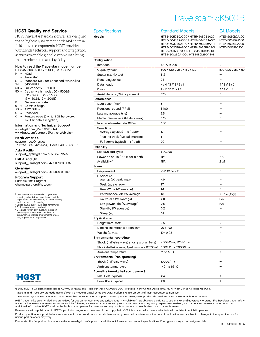 Hitachi 5K500B, HTS543225L9SA00, HTS543232A7A384 manual Hgst Quality and Service, Specifications Standard Models EA Models 