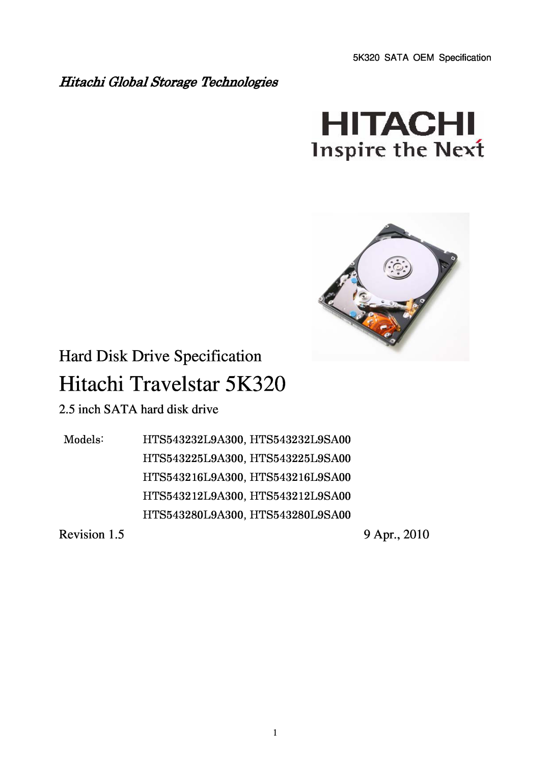 Hitachi HTS543280L9SA00 manual Hitachi Travelstar 5K320, Hard Disk Drive Specification, inch SATA hard disk drive, 9 Apr 