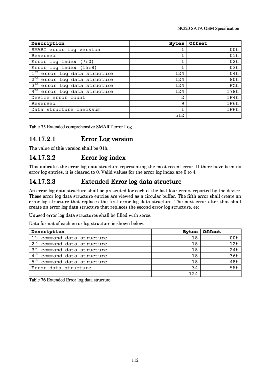 Hitachi HTS543212L9A300 14.17.2.1Error Log version, 14.17.2.2Error log index, 14.17.2.3Extended Error log data structure 