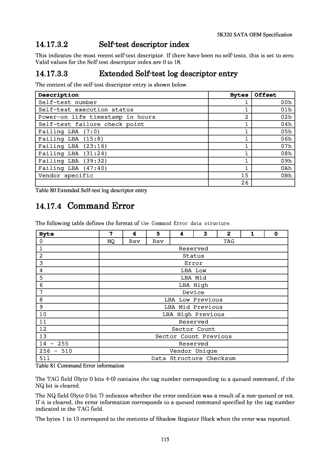 Hitachi HTS543280L9SA00 manual 14.17.4Command Error, 14.17.3.2Self-testdescriptor index, Description, Bytes, Offset 