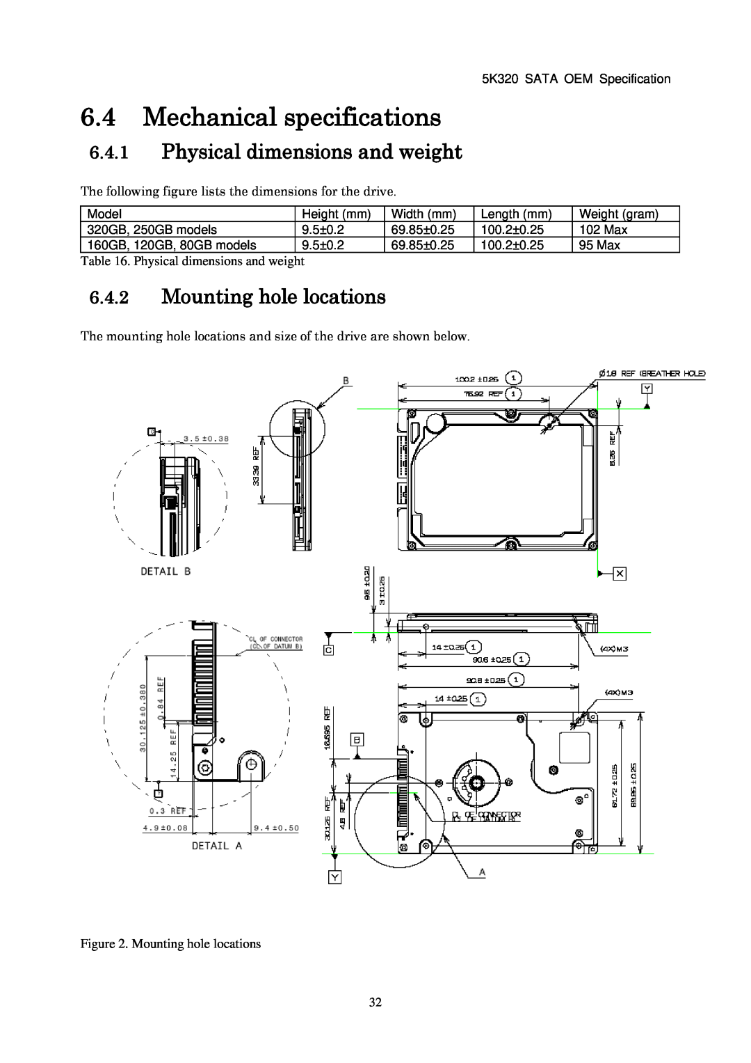 Hitachi HTS543225L9A300 6.4Mechanical specifications, 6.4.1Physical dimensions and weight, 6.4.2Mounting hole locations 