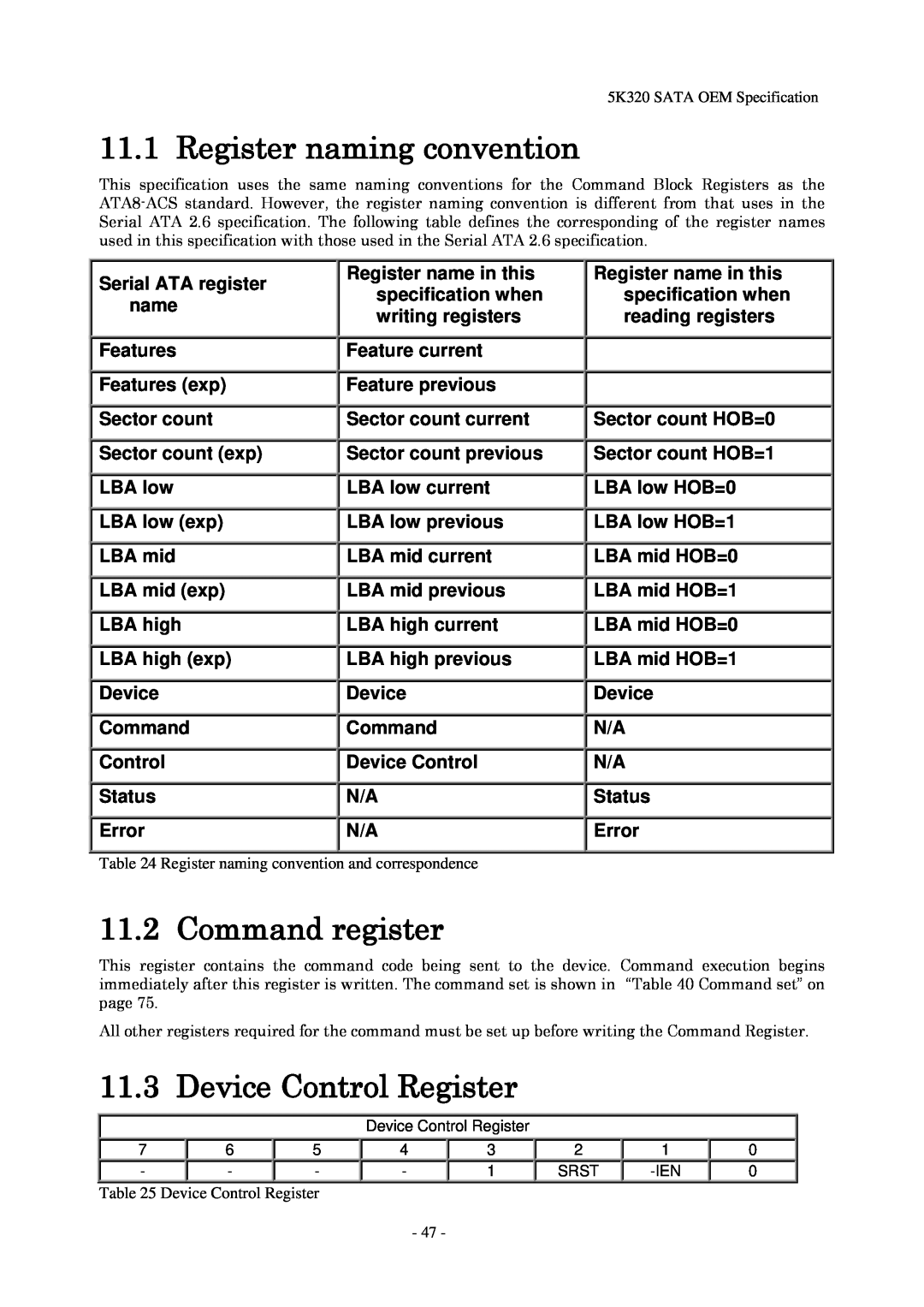 Hitachi HTS543216L9A300, HTS543232L9A300 manual Register naming convention, Command register, Device Control Register 