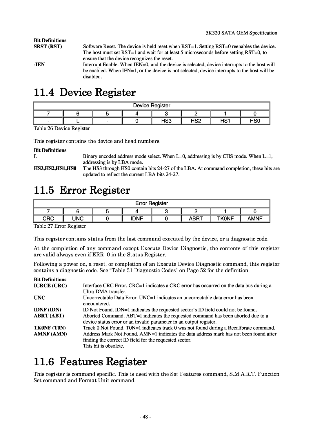 Hitachi HTS543232L9A300, HTS543280L9SA00, HTS543225L9A300 manual Device Register, Error Register, Features Register 