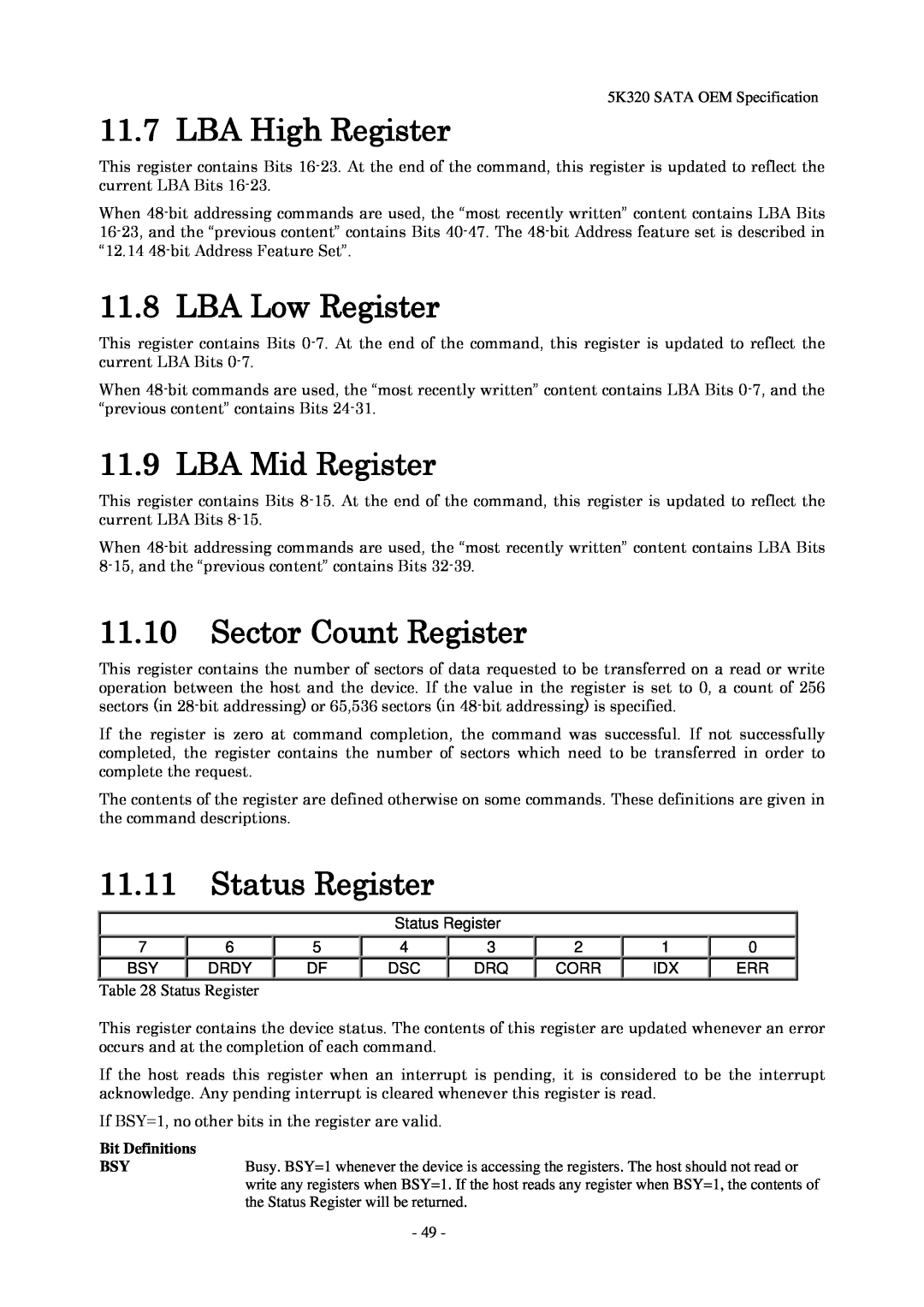 Hitachi HTS543280L9SA00 LBA High Register, LBA Low Register, LBA Mid Register, 11.10Sector Count Register, Status Register 