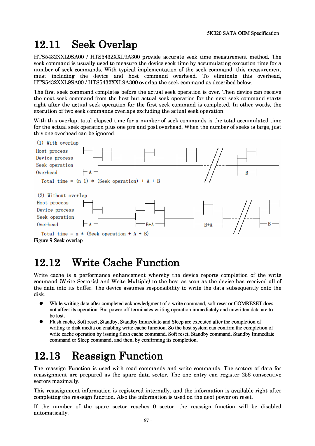 Hitachi HTS543280L9SA00 manual 12.11Seek Overlap, 12.12Write Cache Function, 12.13Reassign Function, Seek overlap 