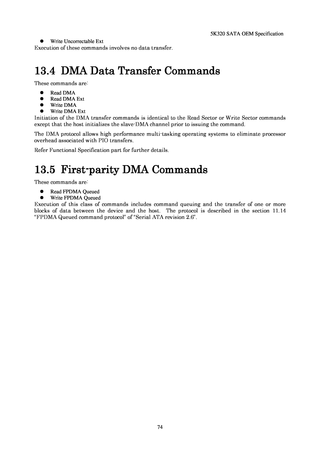 Hitachi HTS543225L9A300 manual DMA Data Transfer Commands, First-parityDMA Commands, 5K320 SATA OEM Specification 