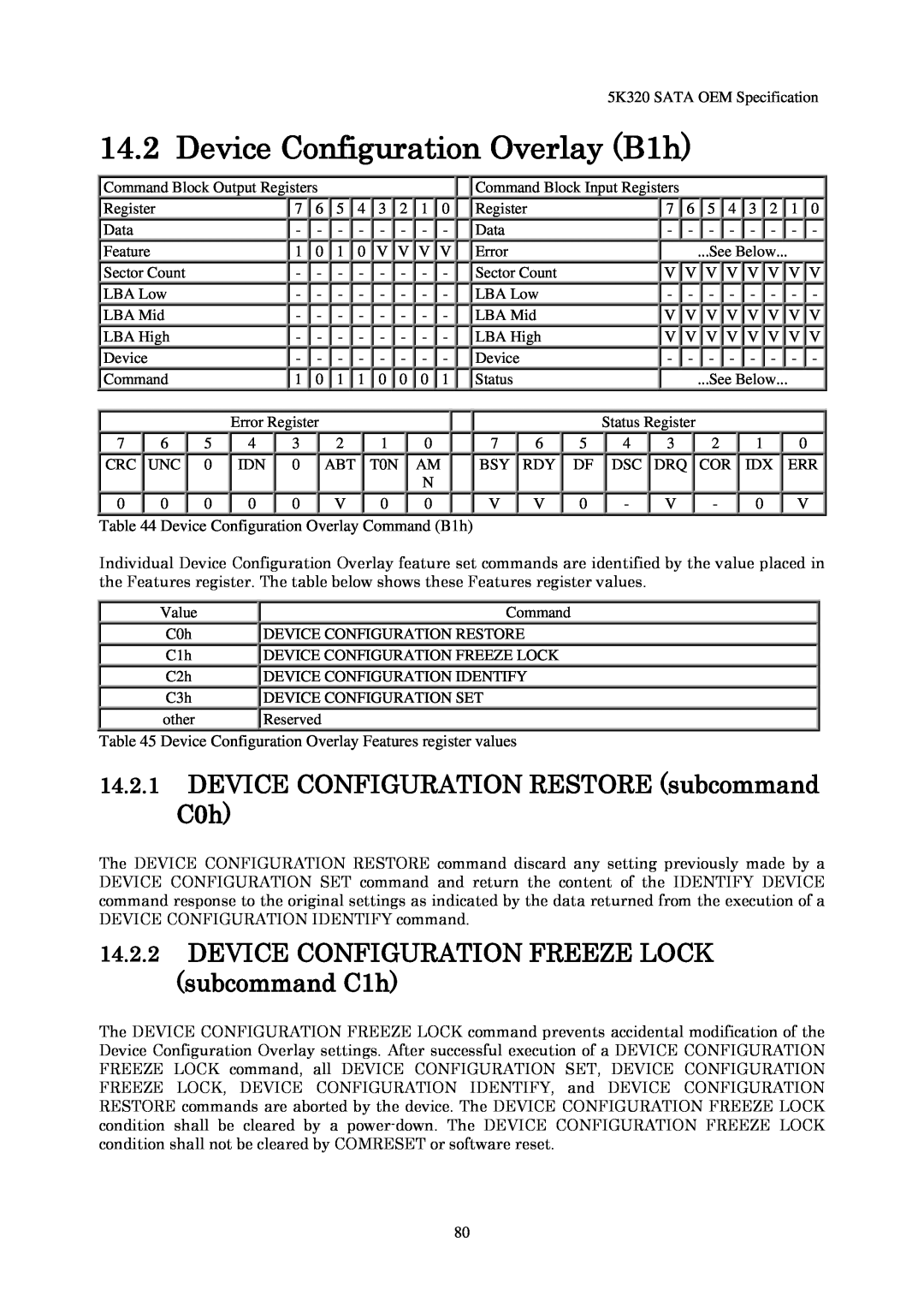 Hitachi HTS543225L9A300 manual Device Configuration Overlay B1h, 14.2.1DEVICE CONFIGURATION RESTORE subcommand C0h 