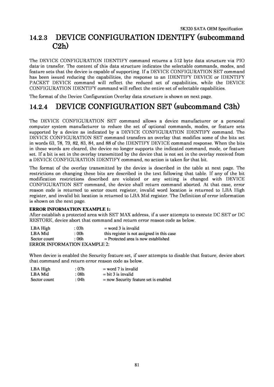 Hitachi HTS543216L9SA00, HTS543232L9A300 manual 14.2.4DEVICE CONFIGURATION SET subcommand C3h, Error Information Example 
